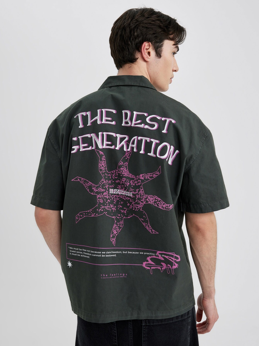 

DeFacto Typographic Printed Pure Cotton Casual Shirt, Green