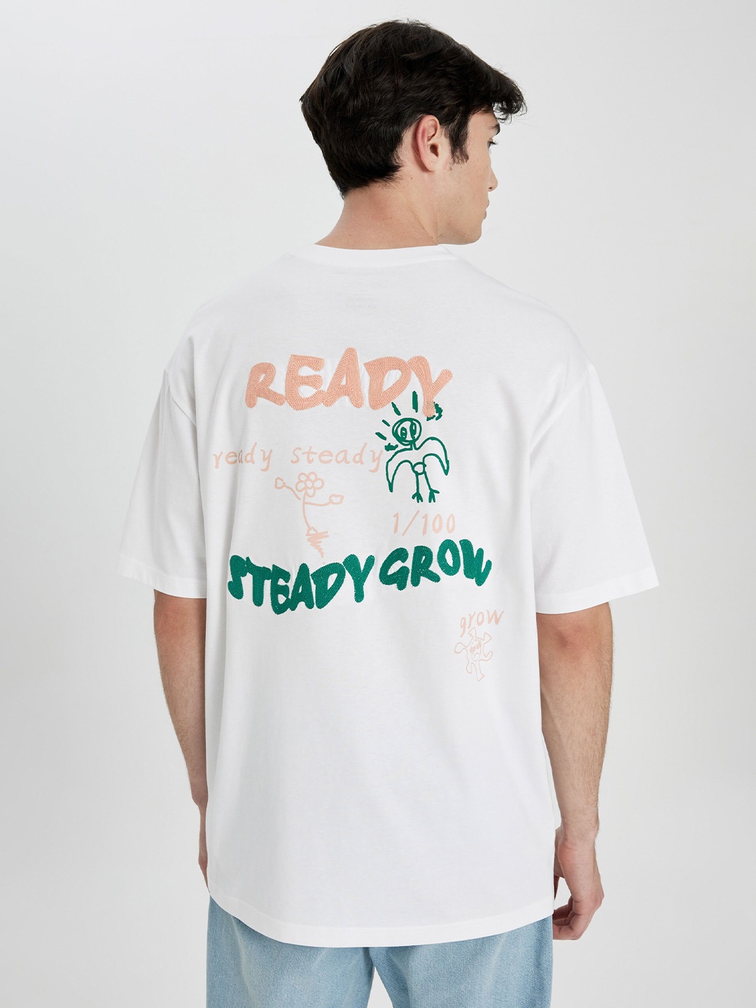 

DeFacto Typography Printed Drop Shoulder Sleeves Pure Cotton T-shirt, White