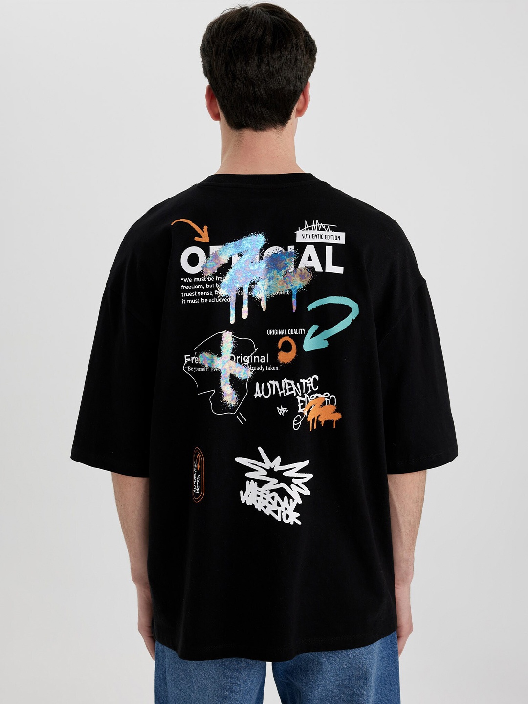 

DeFacto Typography Printed Drop Shoulder Sleeves Pure Cotton T-shirt, Black