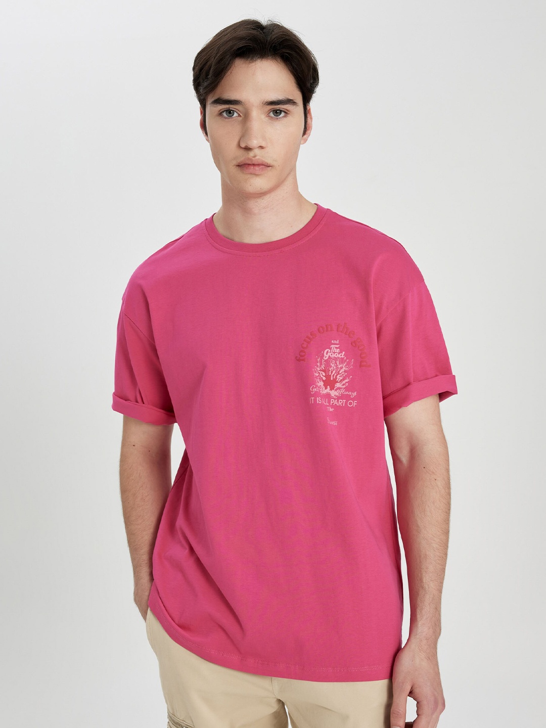 

DeFacto Graphic Printed Drop-Shoulder Sleeves Pure Cotton Casual T-shirt, Pink