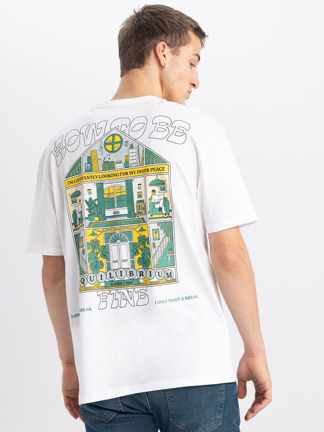 DeFacto Graphic Printed Drop-Shoulder Sleeves Pure Cotton T-shirt, White
