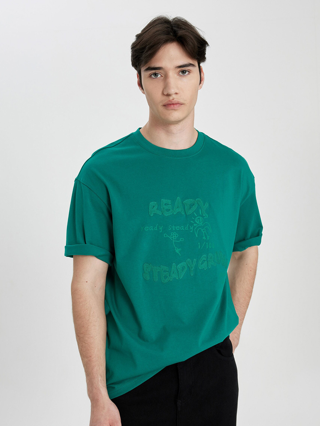 

DeFacto Typography Printed Drop-Shoulder Sleeves Pure Cotton T-shirt, Na