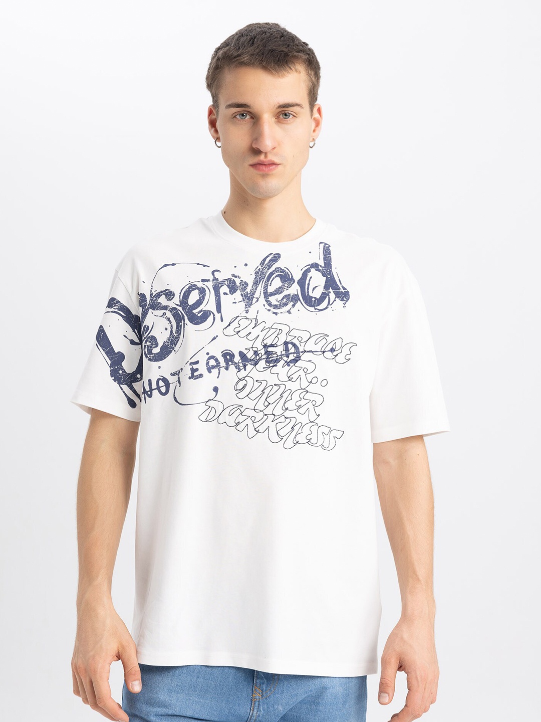 

DeFacto Graphic Printed Drop-Shoulder Sleeves Pure Cotton T-shirt, White