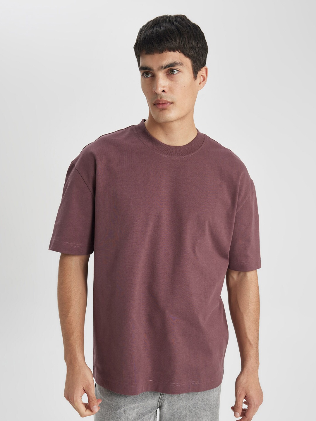 

DeFacto Round Neck Drop Shoulder Sleeves Pure Cotton T-shirt, Purple