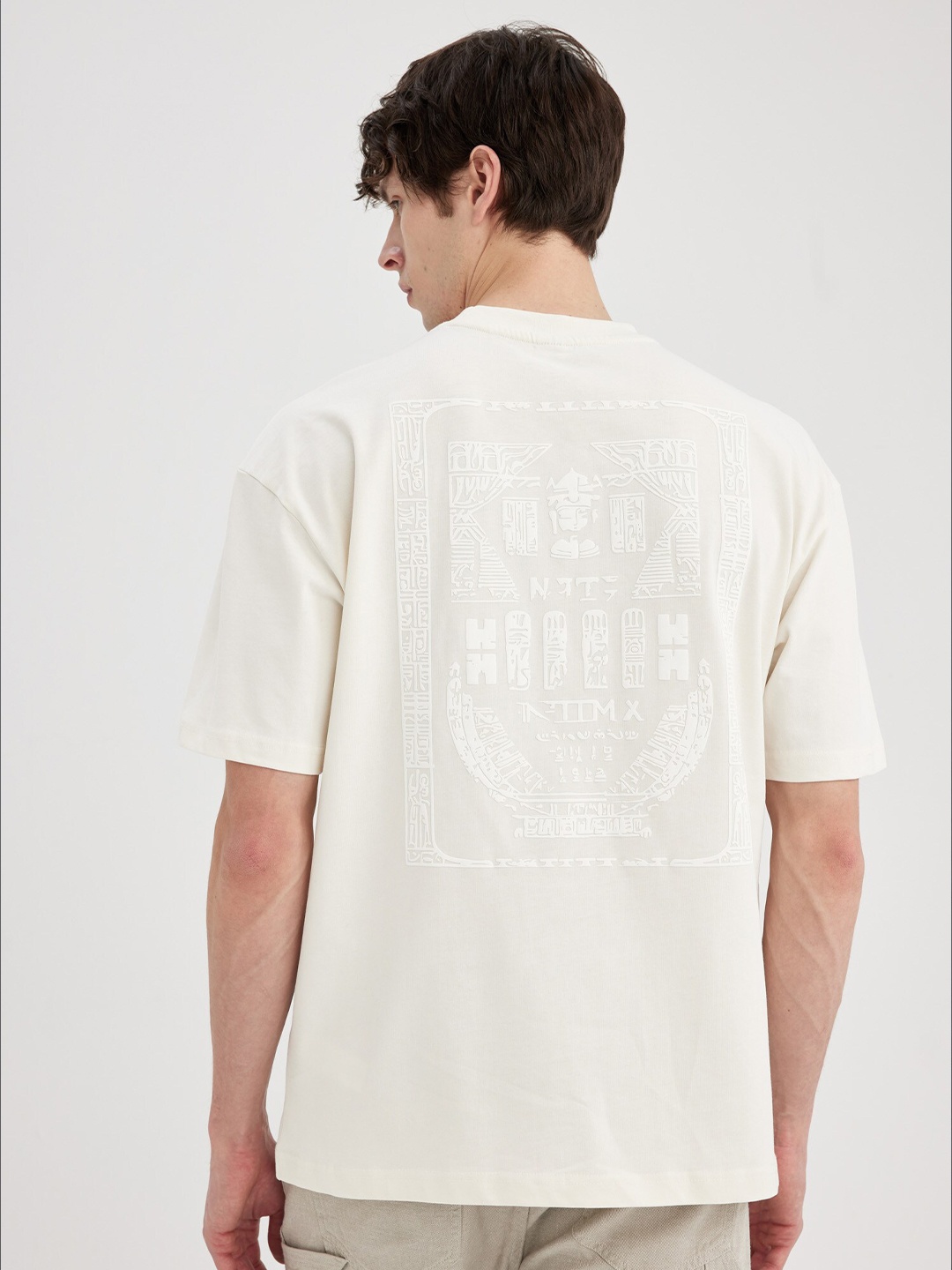

DeFacto Typography Printed Drop Shoulder Sleeves Pure Cotton T-shirt, White