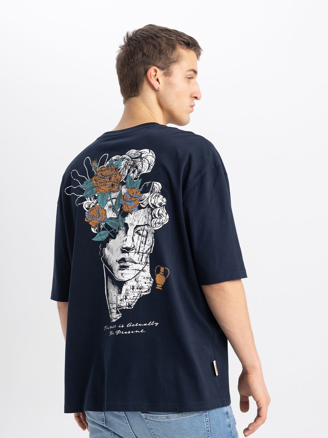 

DeFacto Graphic Printed Drop Shoulder Sleeves Pure Cotton T-shirt, Navy blue