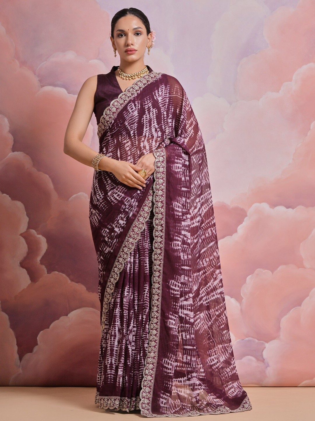 

Kalista Tie and Dye Printed Embroidered Pure Georgette Saree, Purple