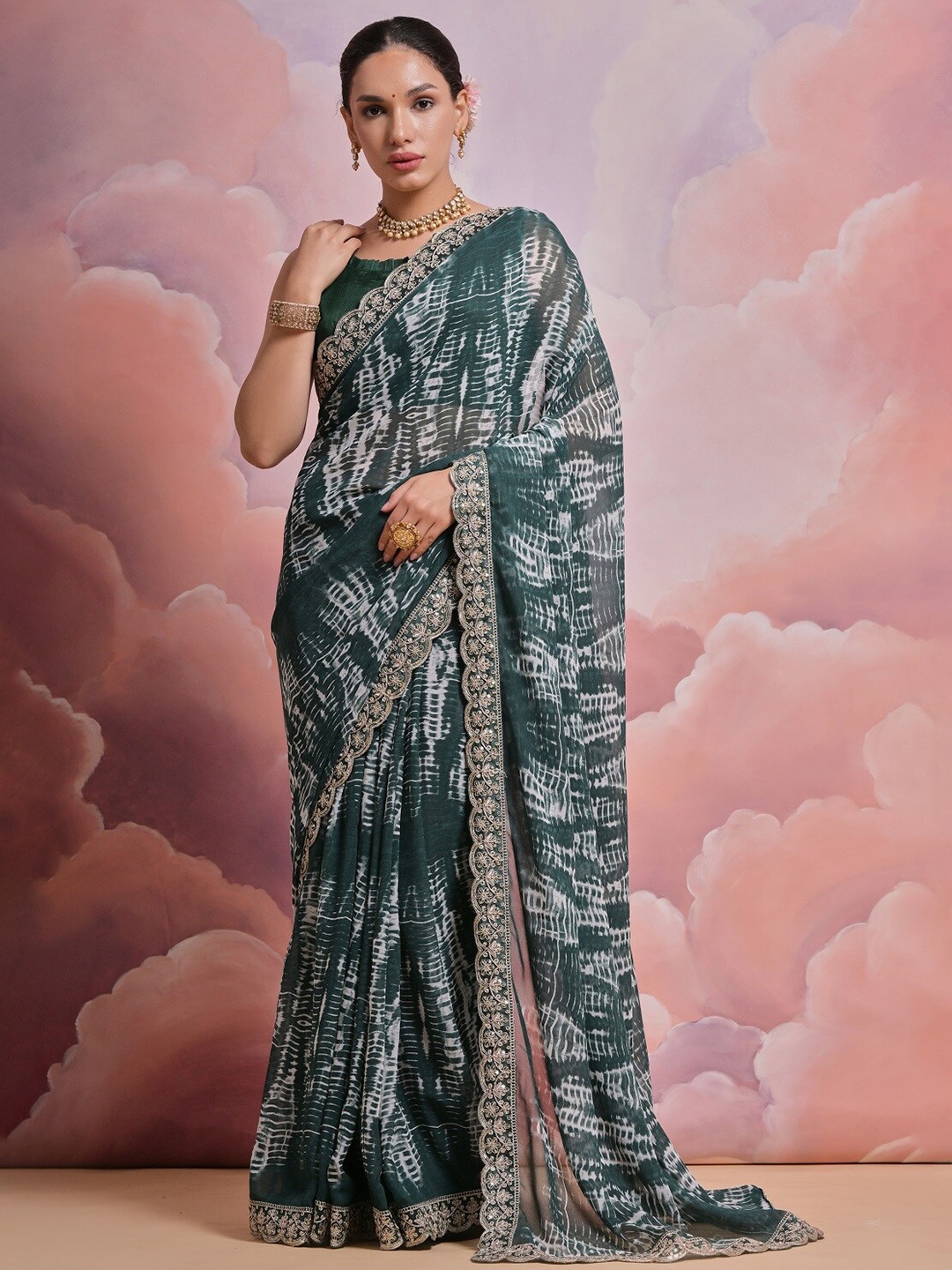 

Kalista Green Tie & Dye Printed Embroidered Pure Georgette Saree
