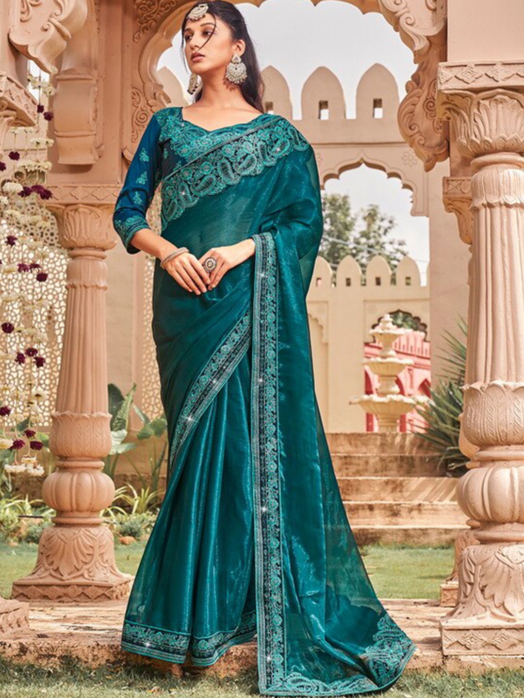 

Kalista Teal Green Floral Embroidered Schimmer Pure Chiffon Saree