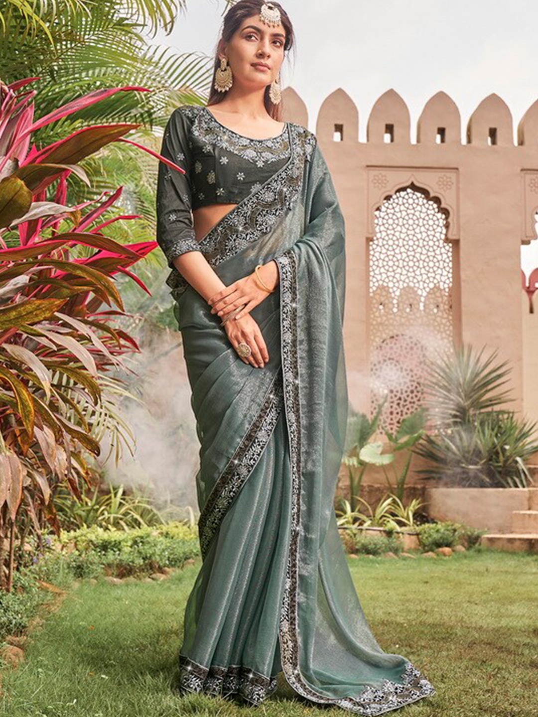 

Kalista Grey Floral Embroidered Schimmer Pure Chiffon Saree