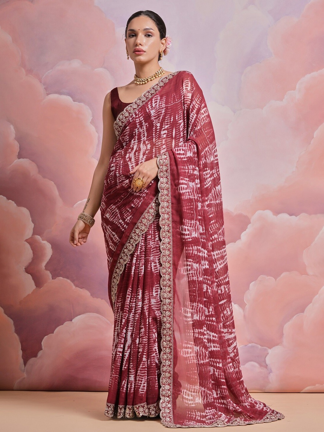 

Kalista Maroon Tie & Dye Printed Embroidered Pure Georgette Saree