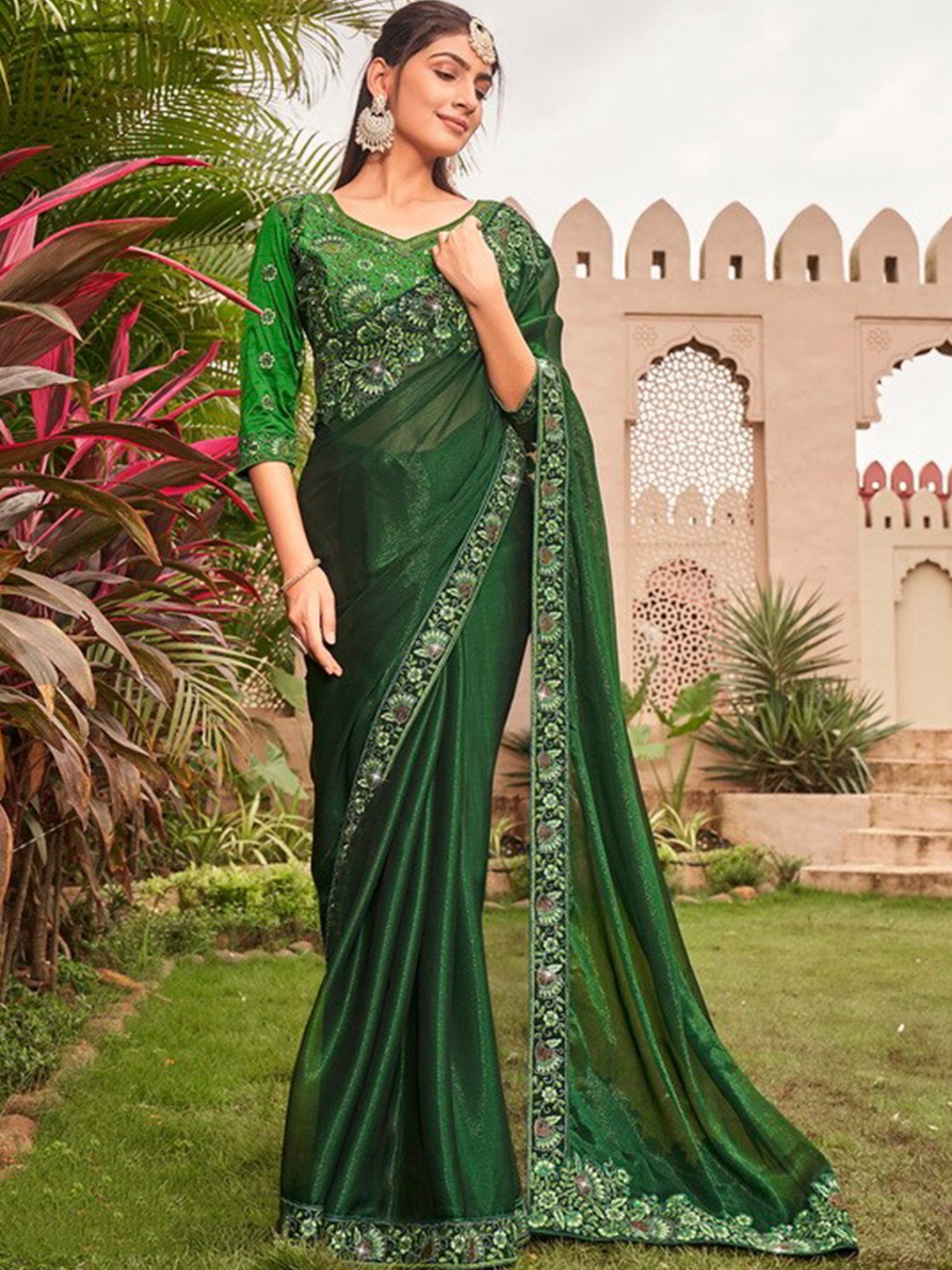 

Kalista Green Floral Embroidered Schimmer Pure Chiffon Saree