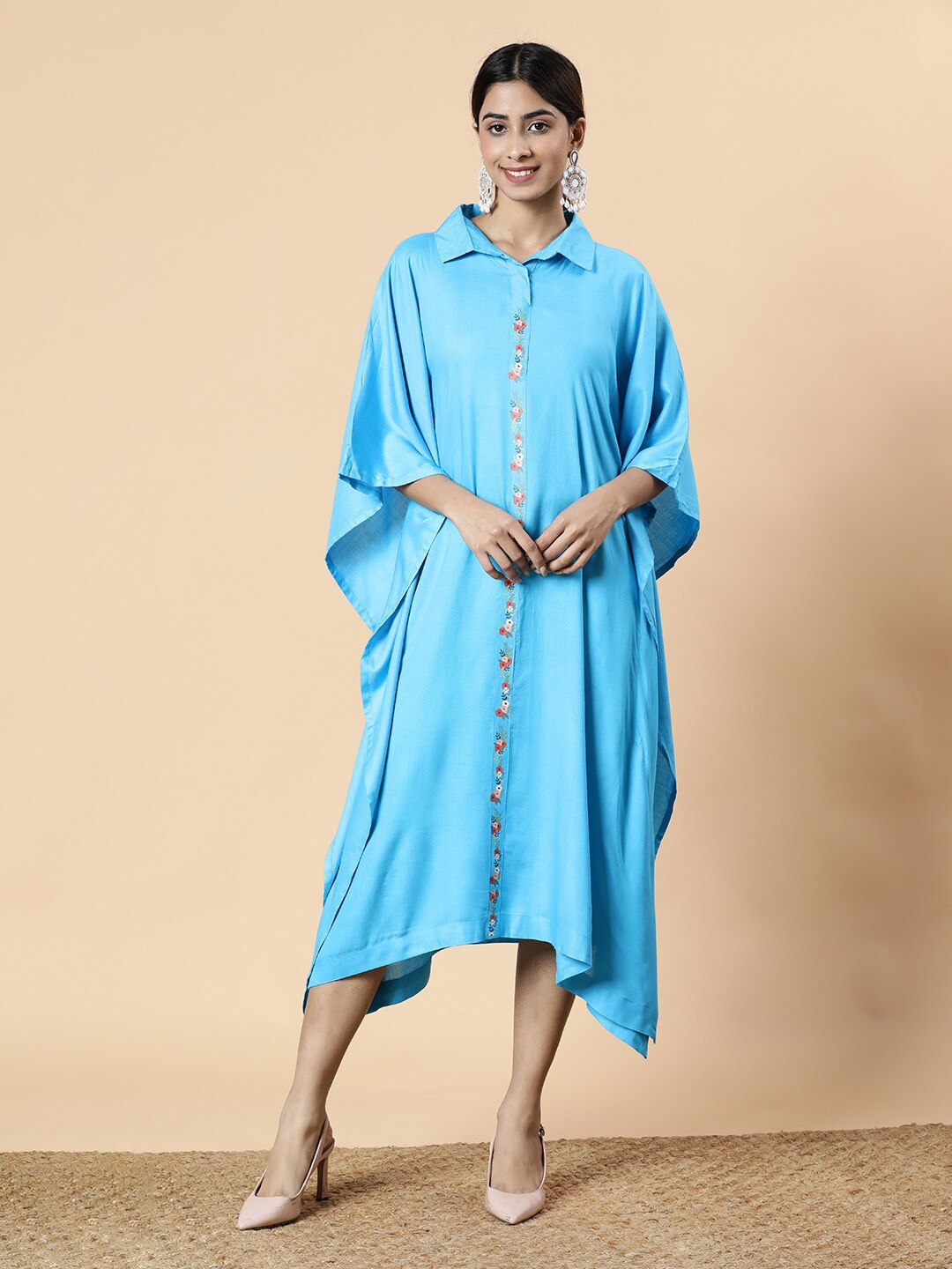 

LetsDressUp Shirt Collar Flared Sleeves Kaftan Midi Dress, Turquoise blue