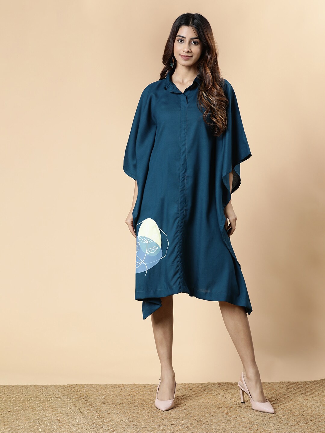 

LetsDressUp Floral Printed Kimono Sleeves Asymmetric Kaftan Midi Dress, Teal