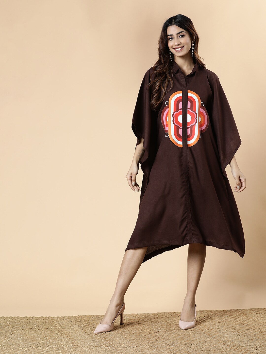 

LetsDressUp Printed Kimono Sleeve Kaftan Dress, Coffee brown