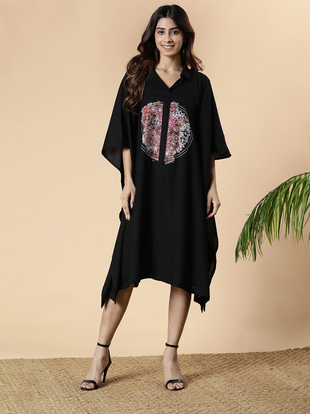 

LetsDressUp Floral Printed Extended Sleeves Kaftan Midi Dress, Black