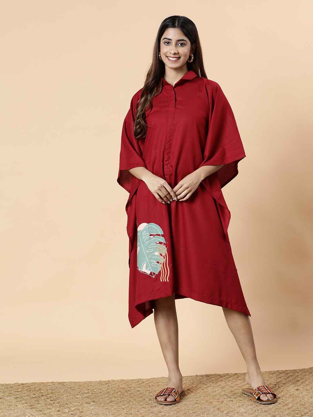 

LetsDressUp Tropical Print Kimono Sleeve Kaftan Midi Dress, Maroon