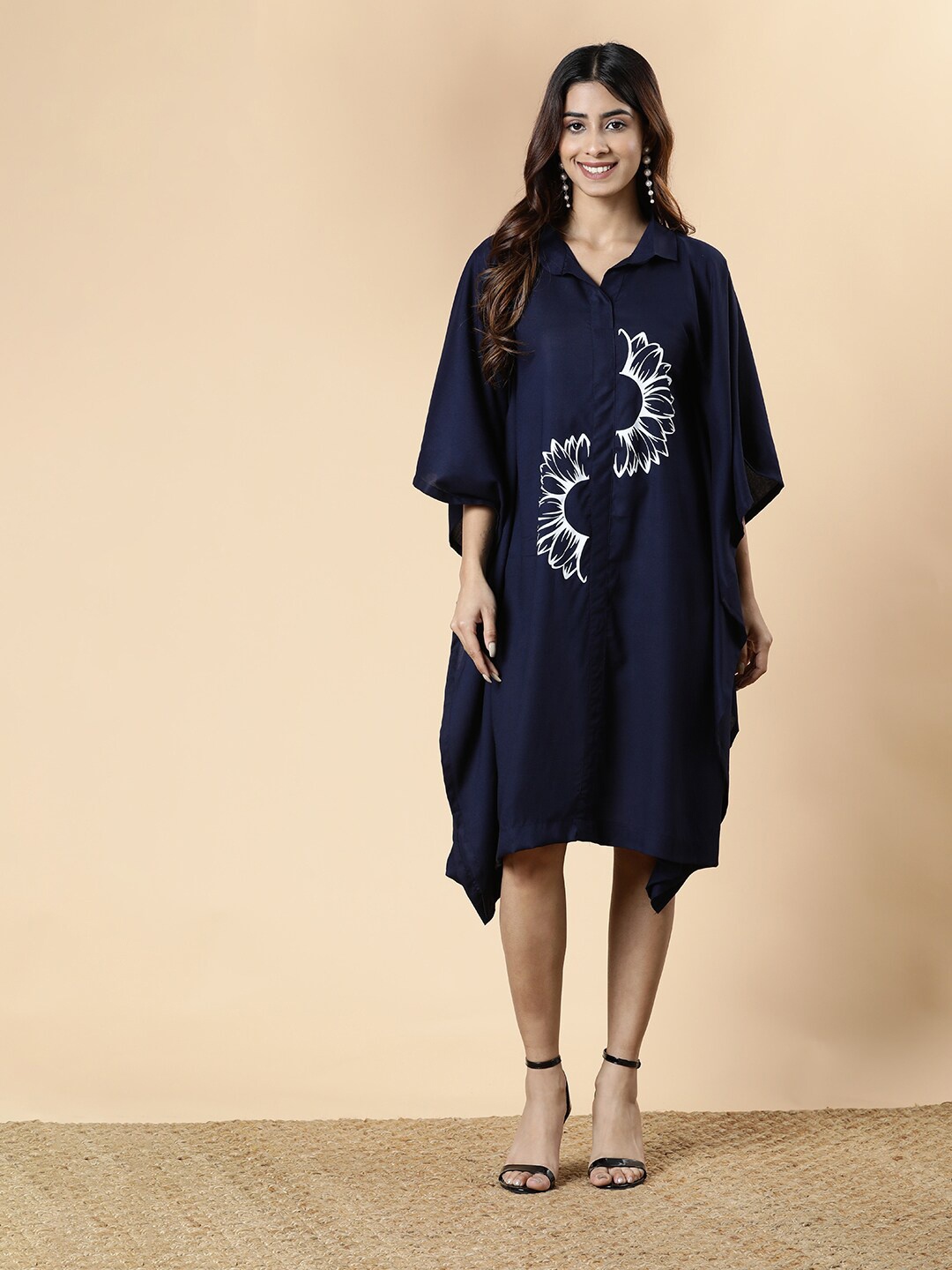 

LetsDressUp Floral Print Kimono Sleeve Kaftan Dress, Navy blue