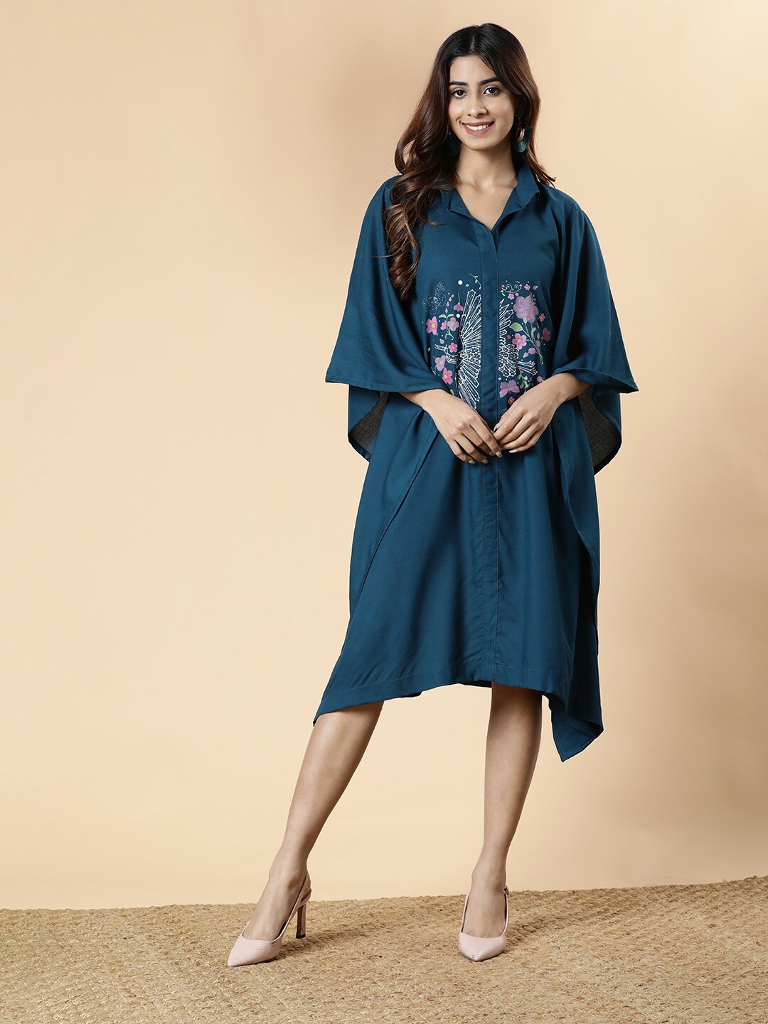 

LetsDressUp Floral Print Kimono Sleeve Kaftan Midi Dress, Teal