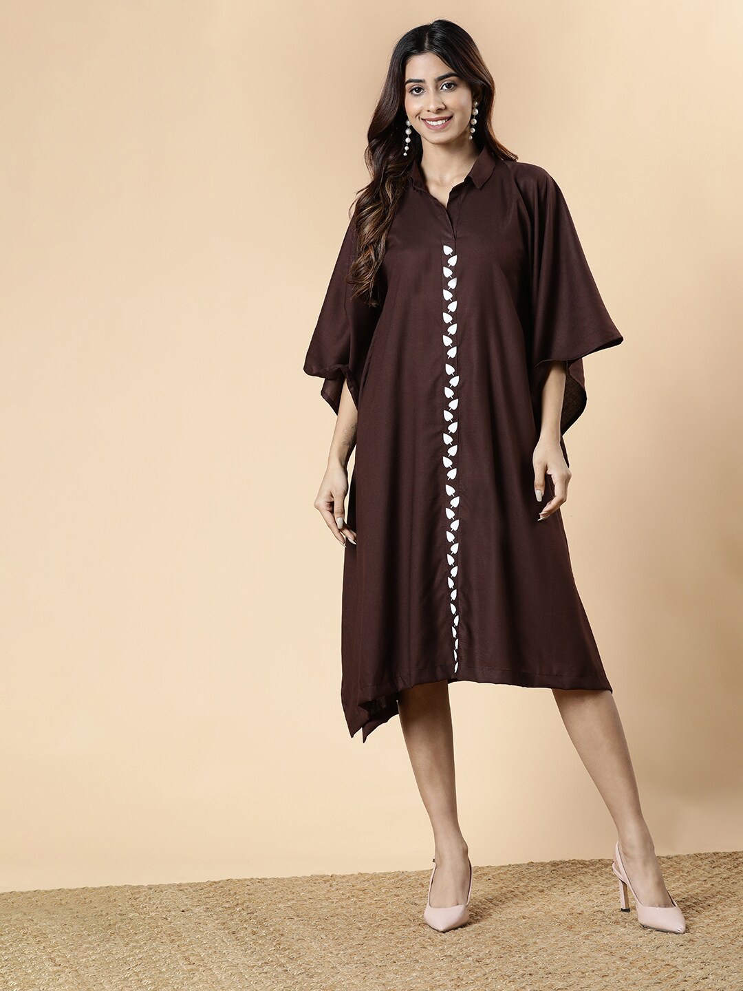 

LetsDressUp Shirt Collar Kaftan Midi Dress, Coffee brown