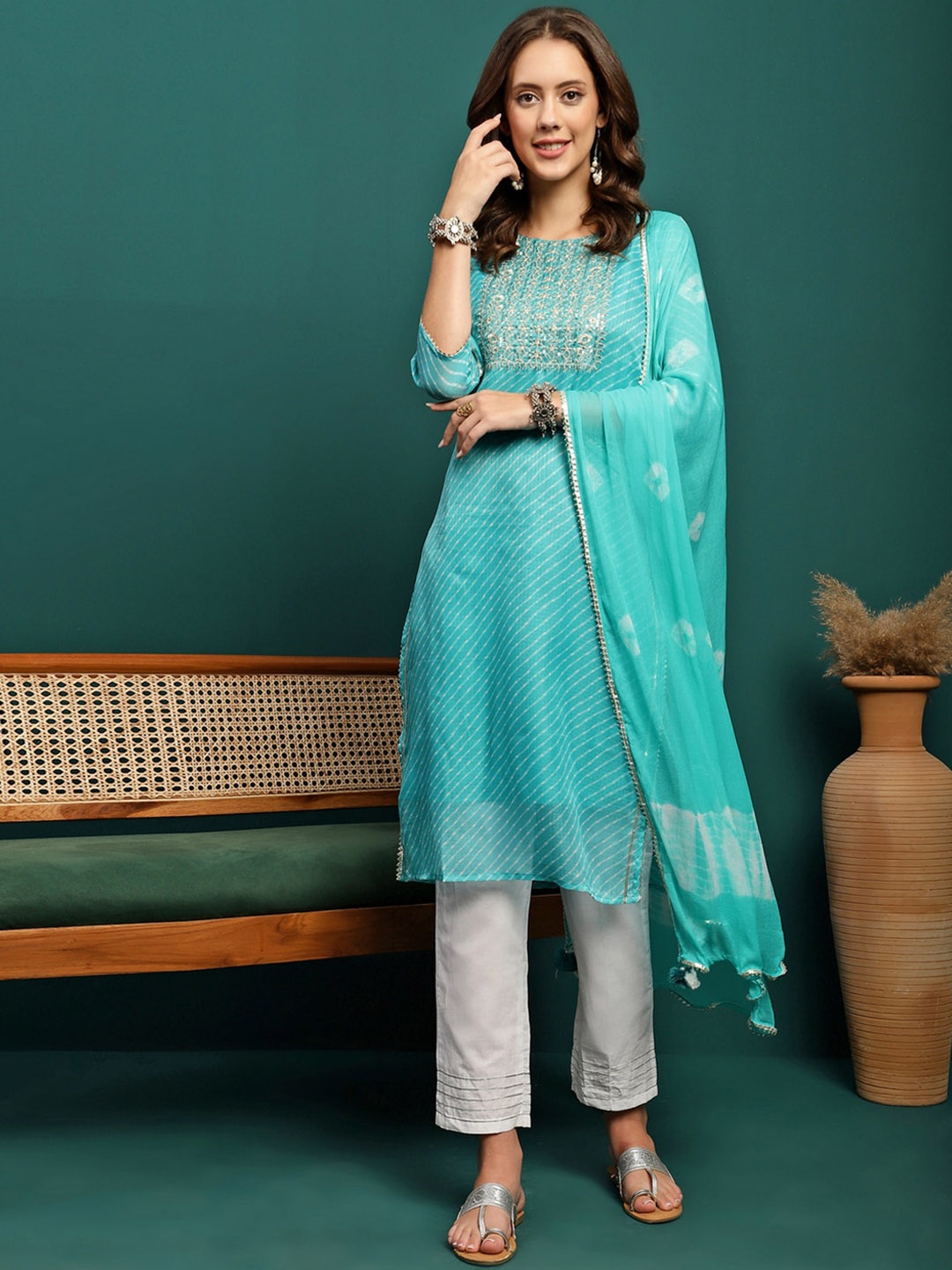 

Sangria Leheriya Printed & Embroidered Straight Kurta With Trouser & Dupatta, Turquoise blue