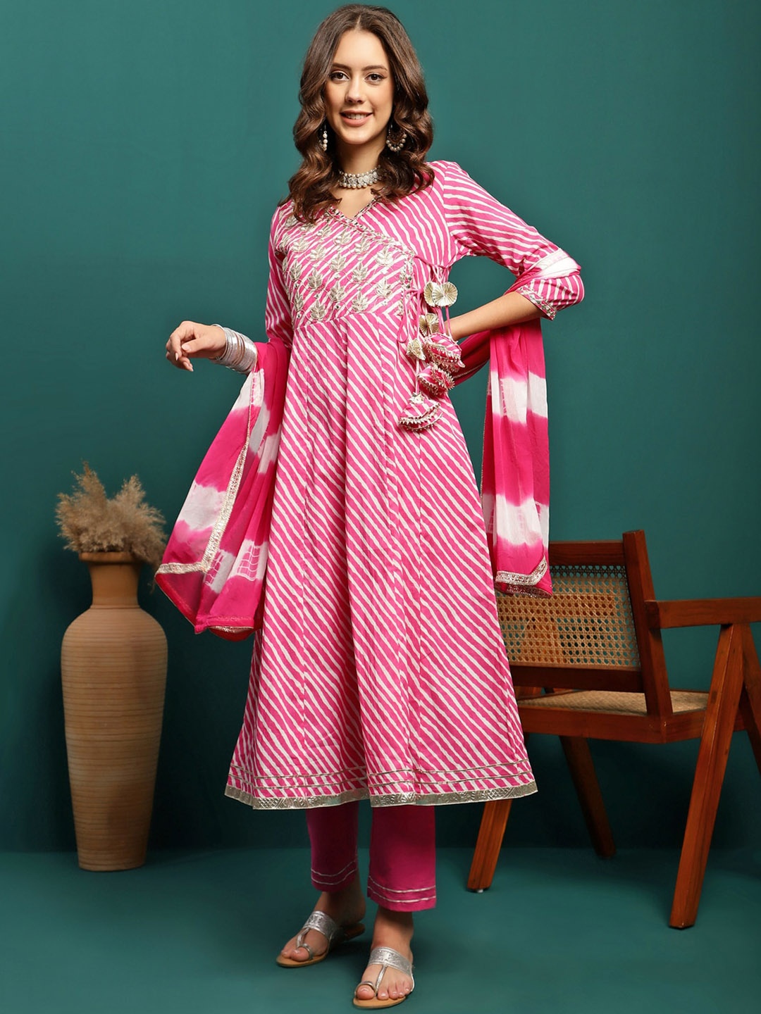 

Sangria Leheriya Printed & Embroidered Pure Cotton Anarkali Kurta With Trouser & Dupatta, Fuchsia