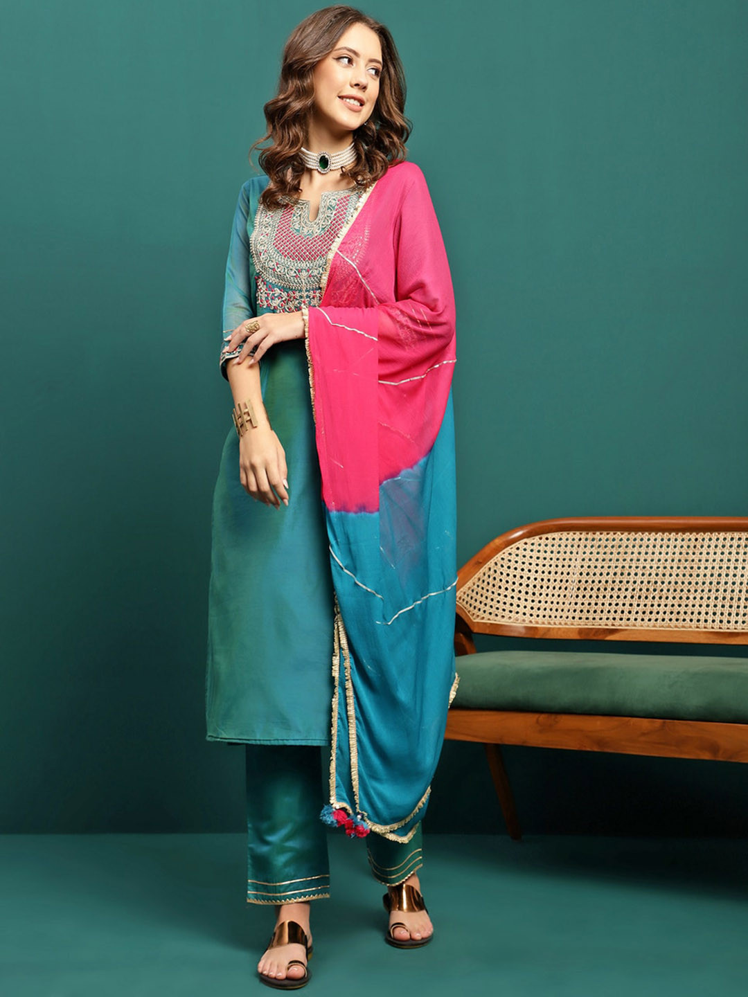 

Sangria Yoke Design Embroidered Straight Kurta With Trouser & Dupatta, Turquoise blue
