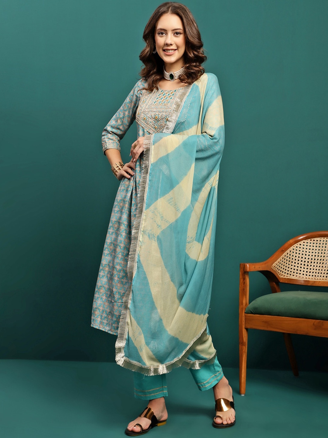 

Sangria Printed & Embroidered Anarkali Kurta With Trouser & Dupatta, Turquoise blue