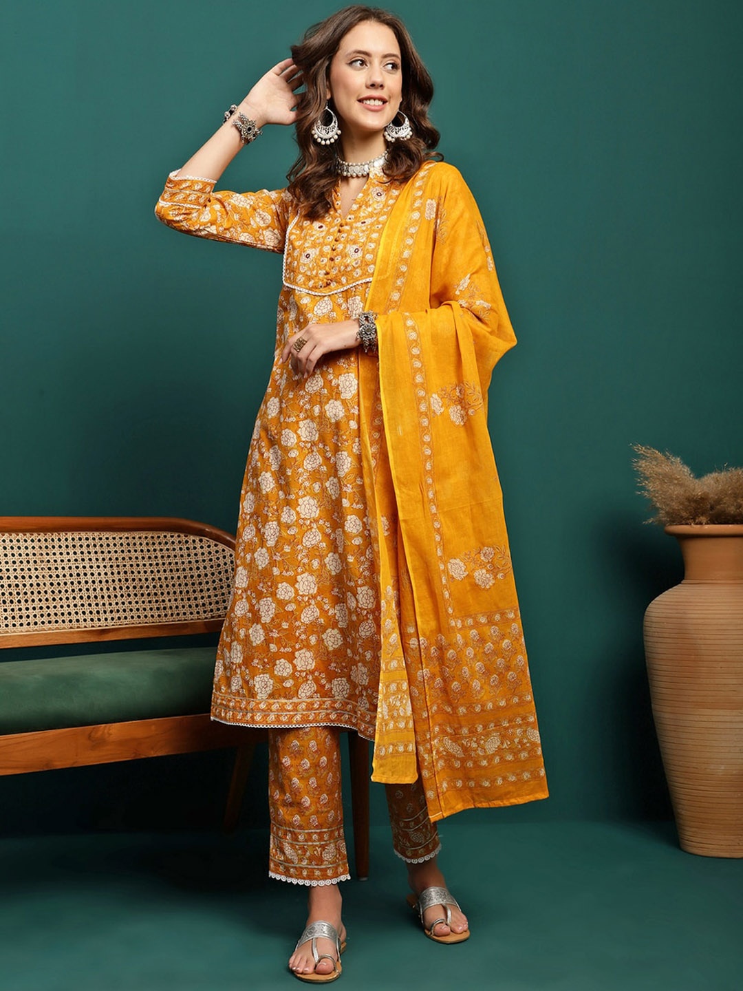 

Sangria Floral Printed Pure Cotton Round Neck Anarkali Kurta With Trousers & Dupatta, Mustard