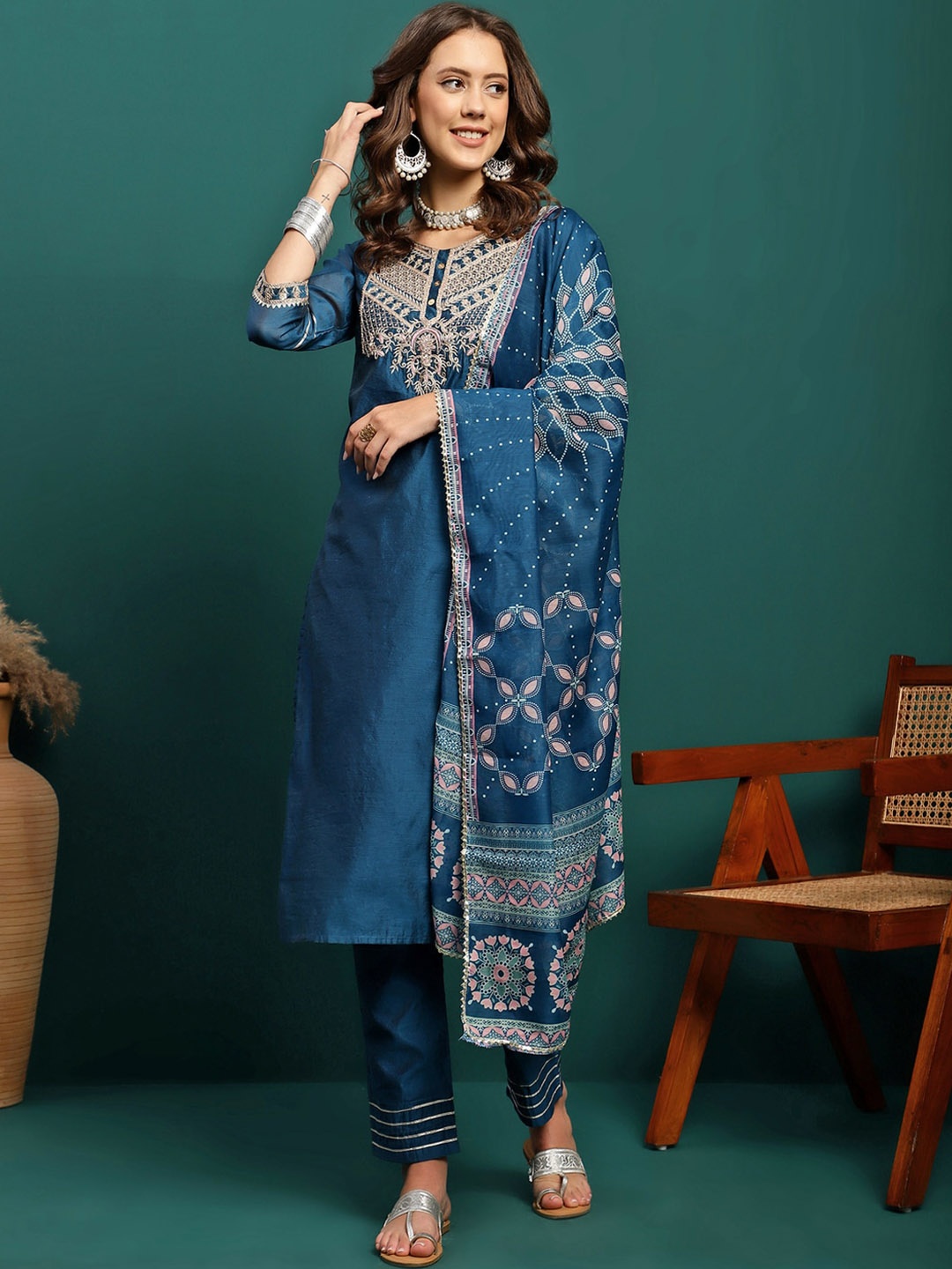 

Sangria Embroidered Round Neck Straight Kurta With Trousers & Dupatta, Teal