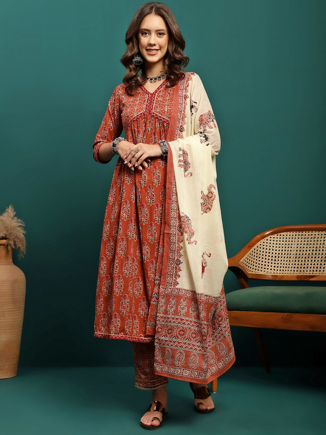 

Sangria Printed & Embroidered Anarkali Kurta With Trouser & Dupatta Set, Brown