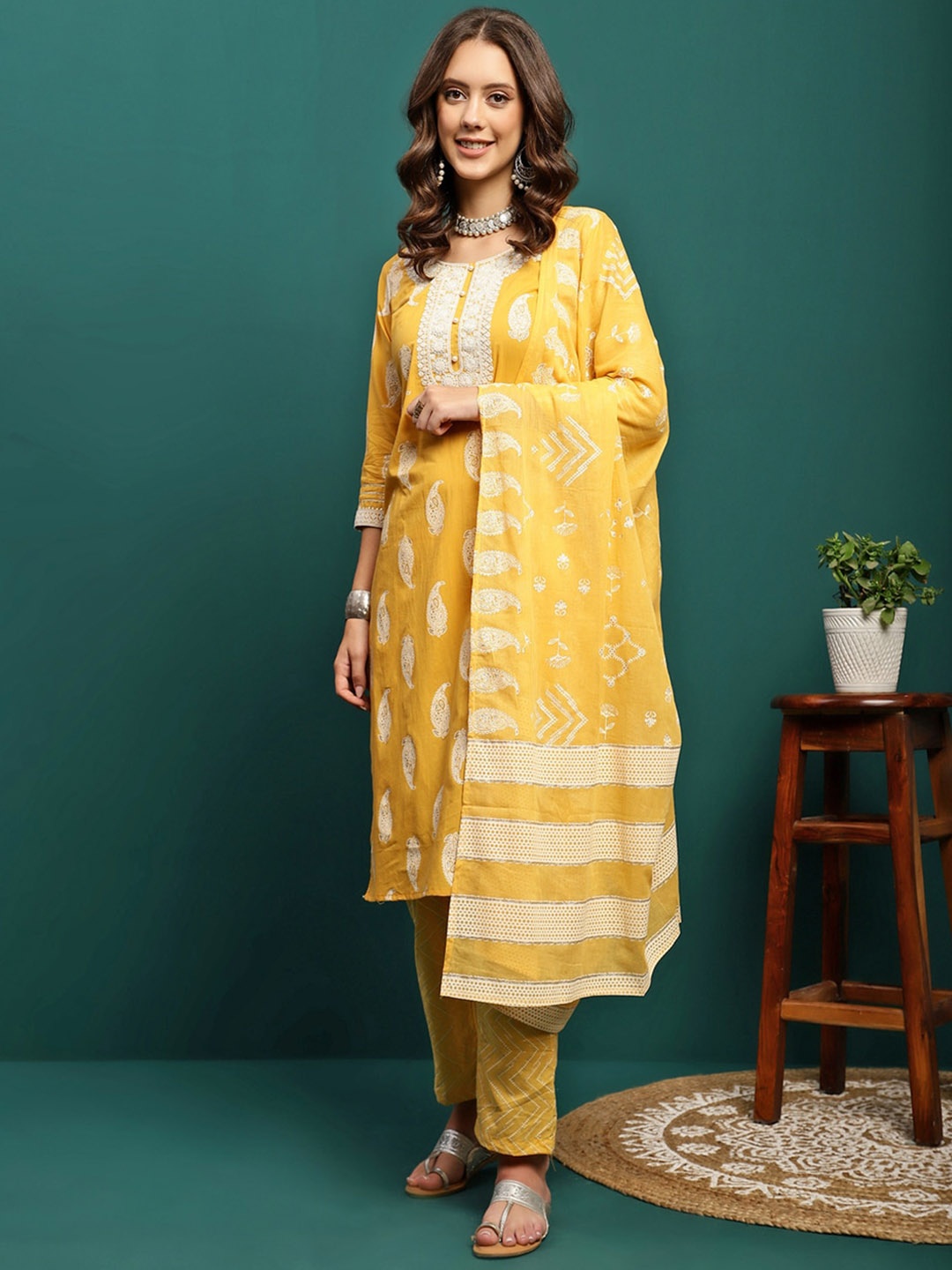 

Sangria Paisley Printed Embroidered Pure Cotton Straight Kurta With Trouser & Dupatta Set, Yellow