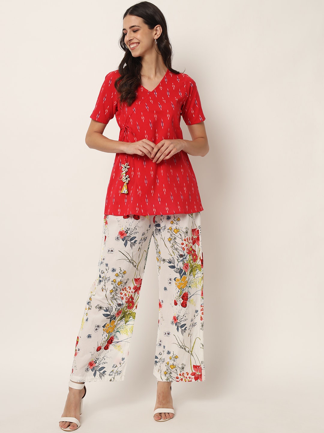 FABRIC FITOOR Printed Pure Cotton Tunic With Palazzos, Red