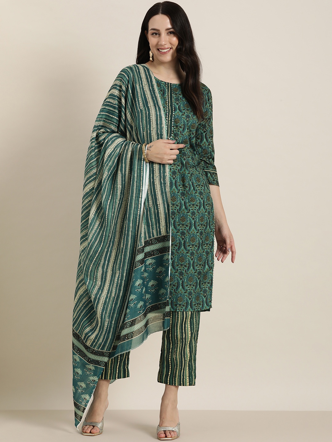 

HERE&NOW Women Ethnic Motifs Printed Regular Gotta Patti Kurta with Trousers & With Dupatta, Green