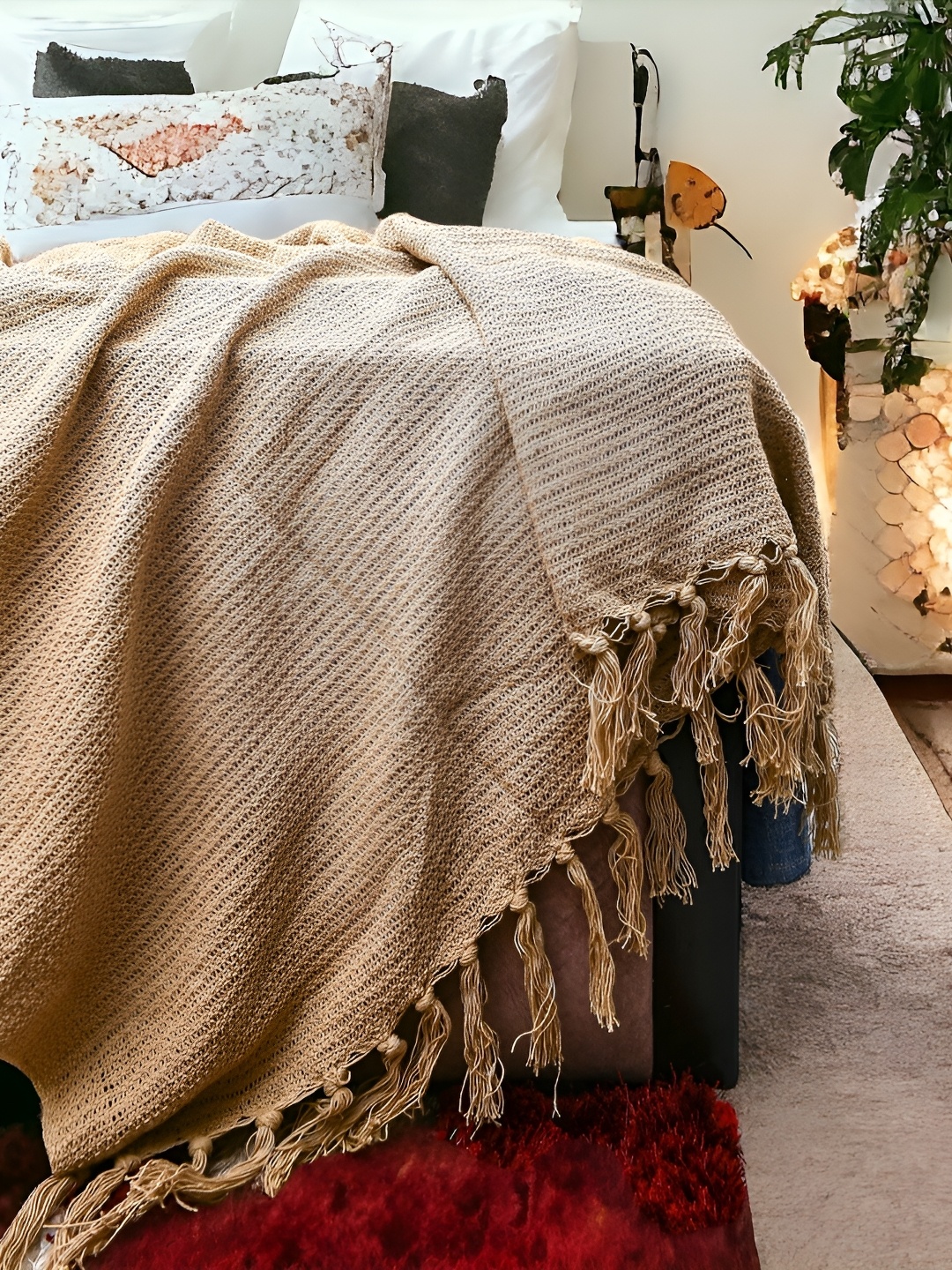 

INTERIORQUOTIENT Beige Self-Design Pure Cotton Throw Blanket