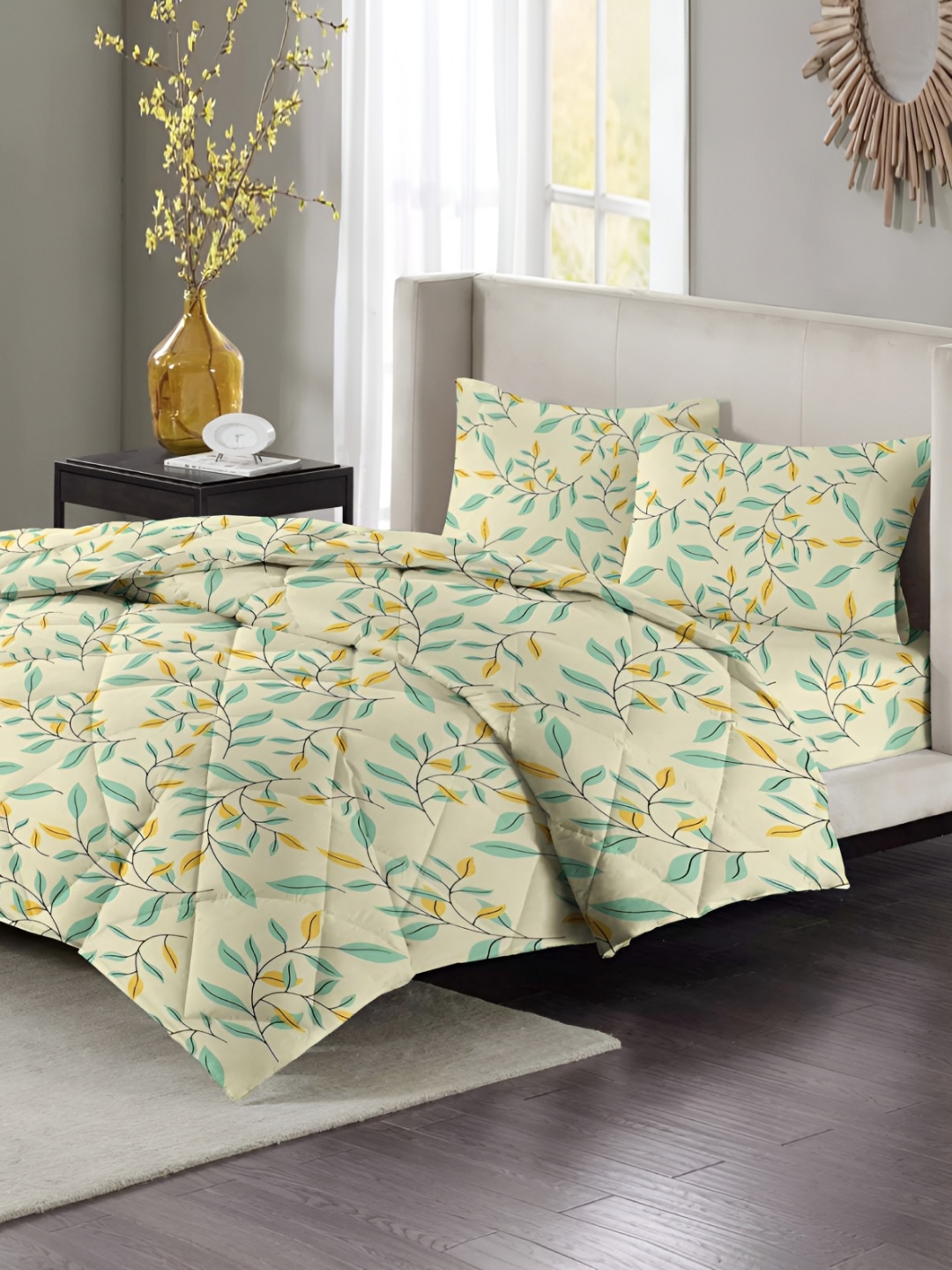 

bsb home Yellow & Green Floral Microfiber Double King Superfine Bedding Set