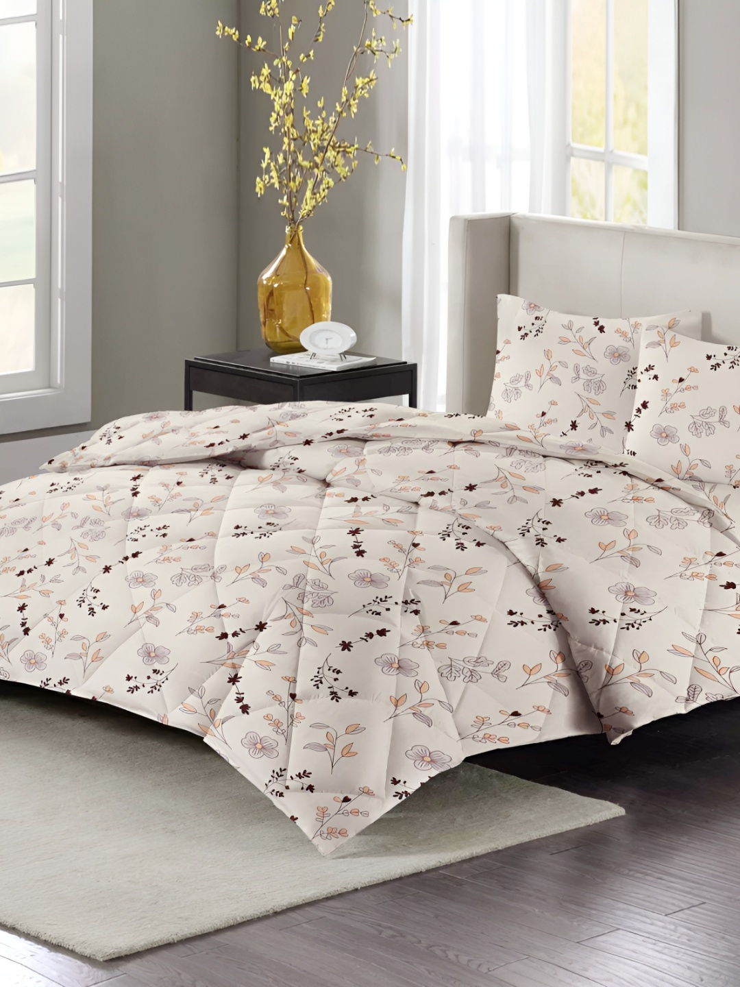 

bsb home Beige & Coffee Brown Floral Microfiber Double King Superfine Bedding Set