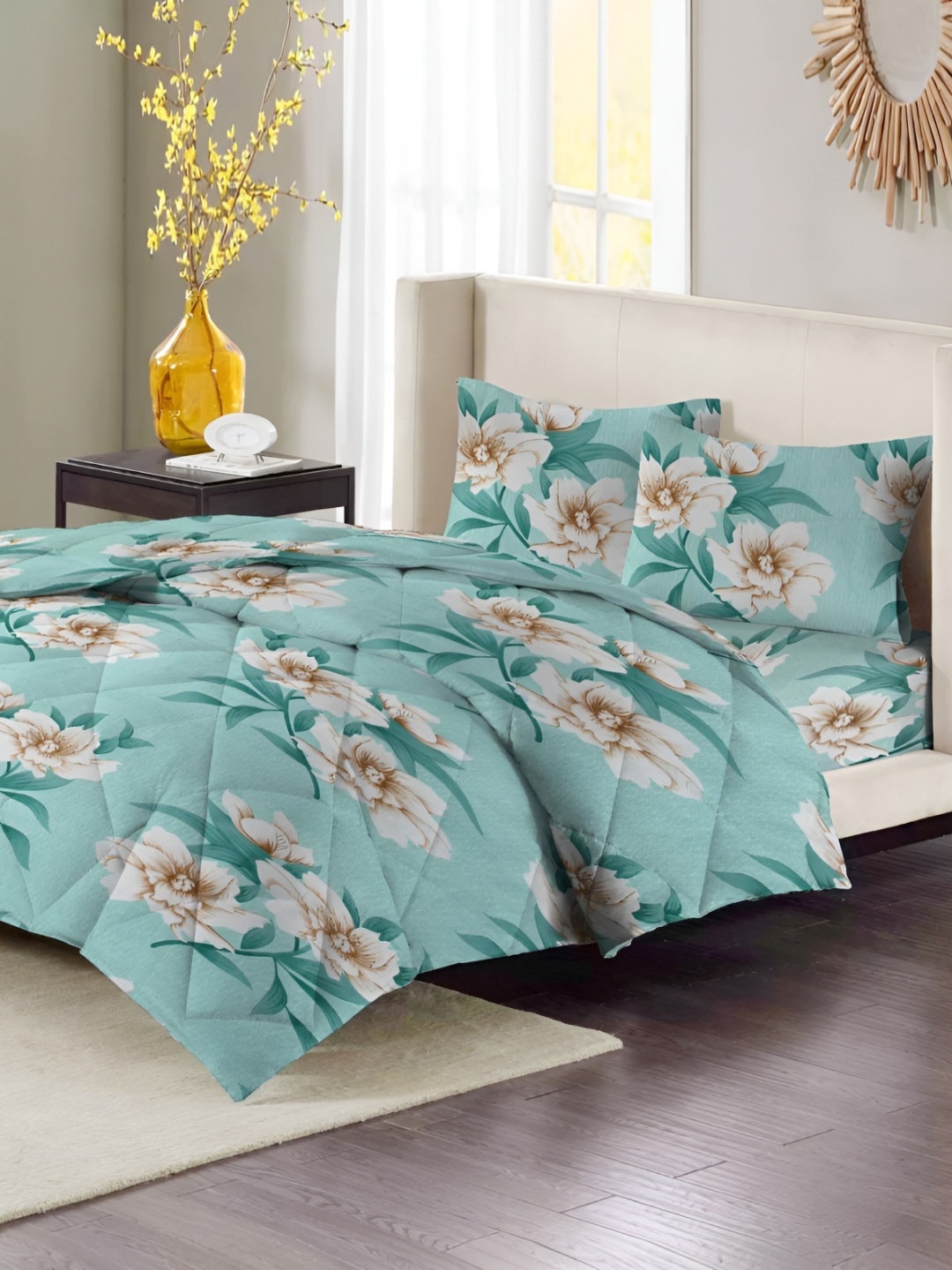 

bsb home Green & Beige Floral Microfiber Double King Superfine Bedding Set