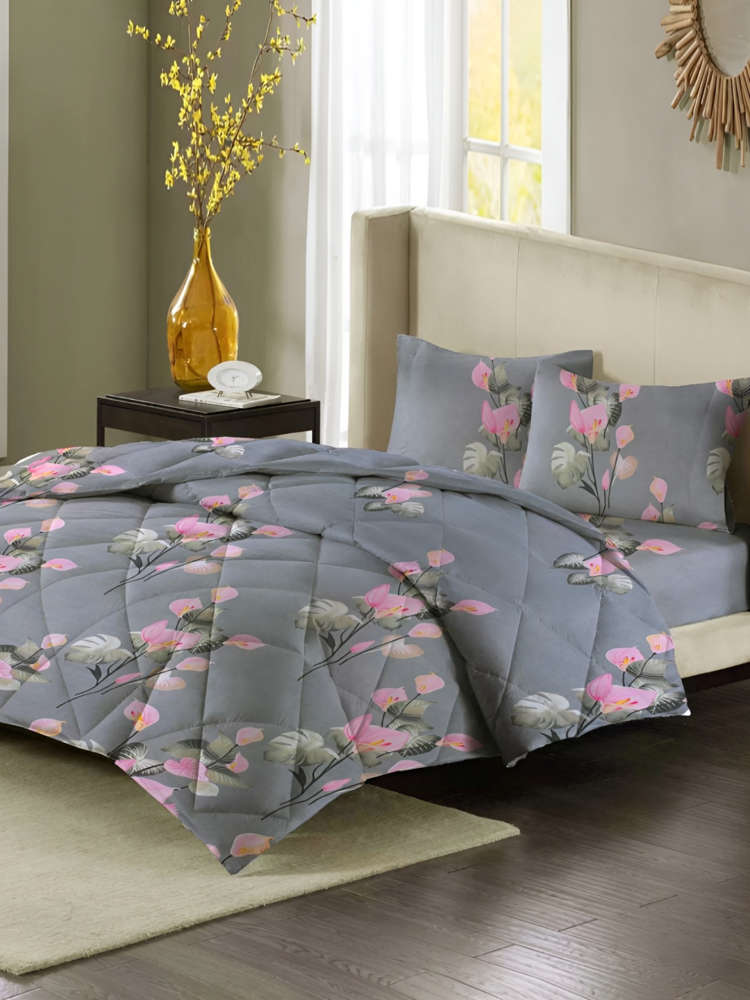 

bsb home Grey Melange & Pink Floral Microfiber Double King Superfine Bedding Set