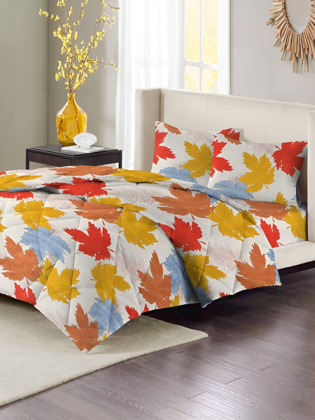 

bsb home Beige & Yellow Floral Microfiber Double King Superfine Bedding Set