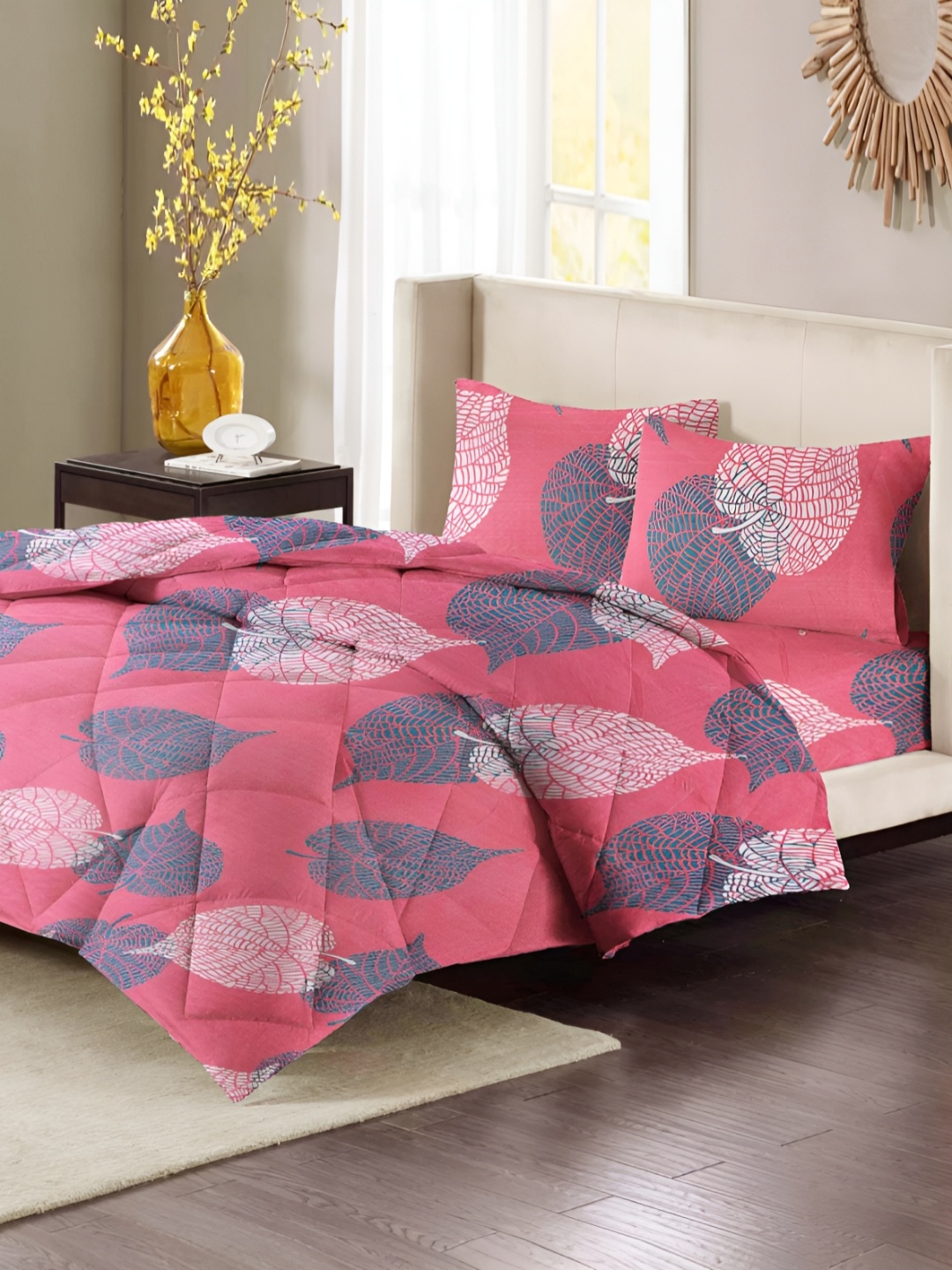 

bsb home Pink & Grey Floral Microfiber Double King Superfine Bedding Set