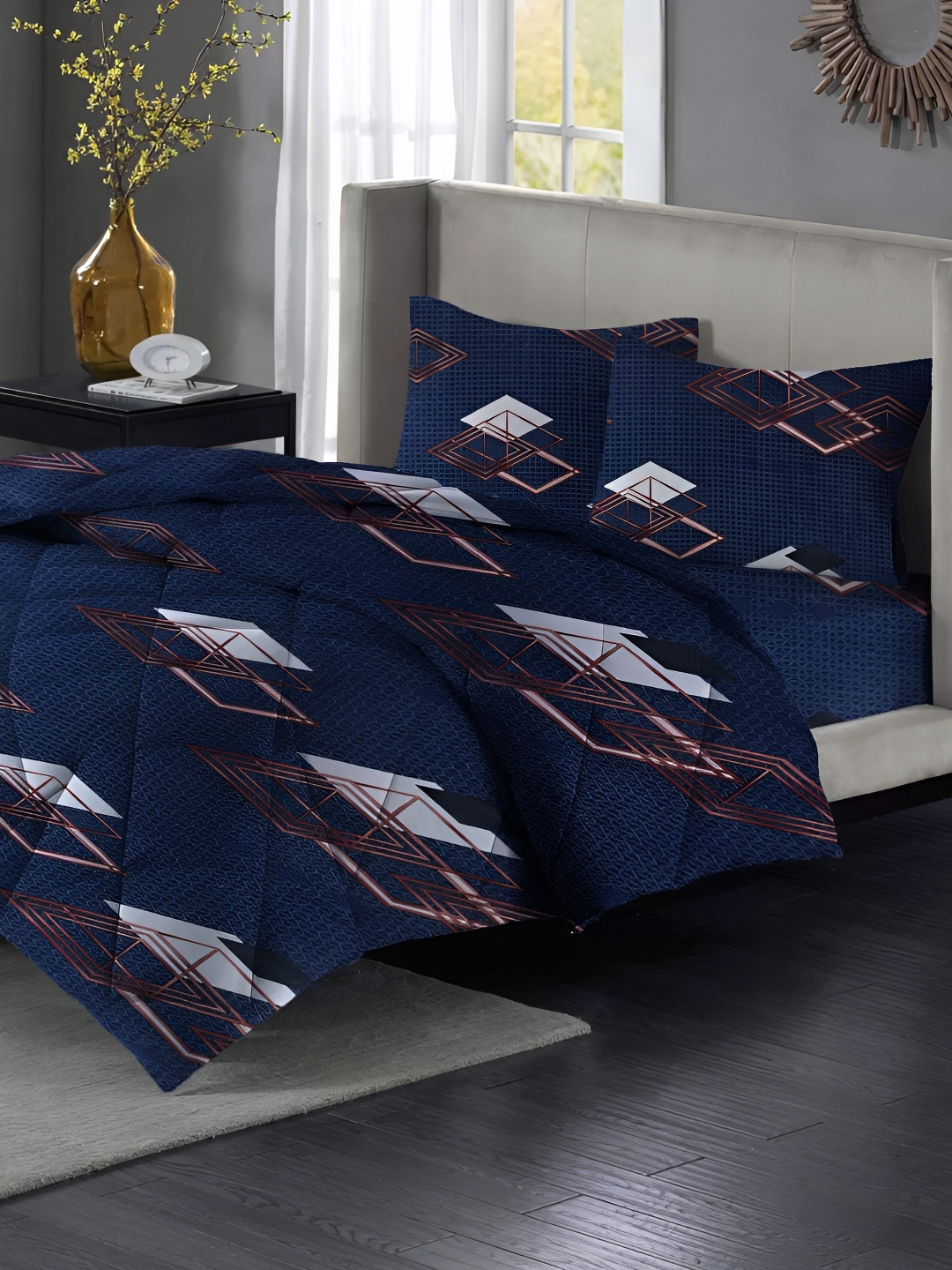 

bsb home Brown & Navy Blue Geometric Microfiber Double King Superfine Bedding Set