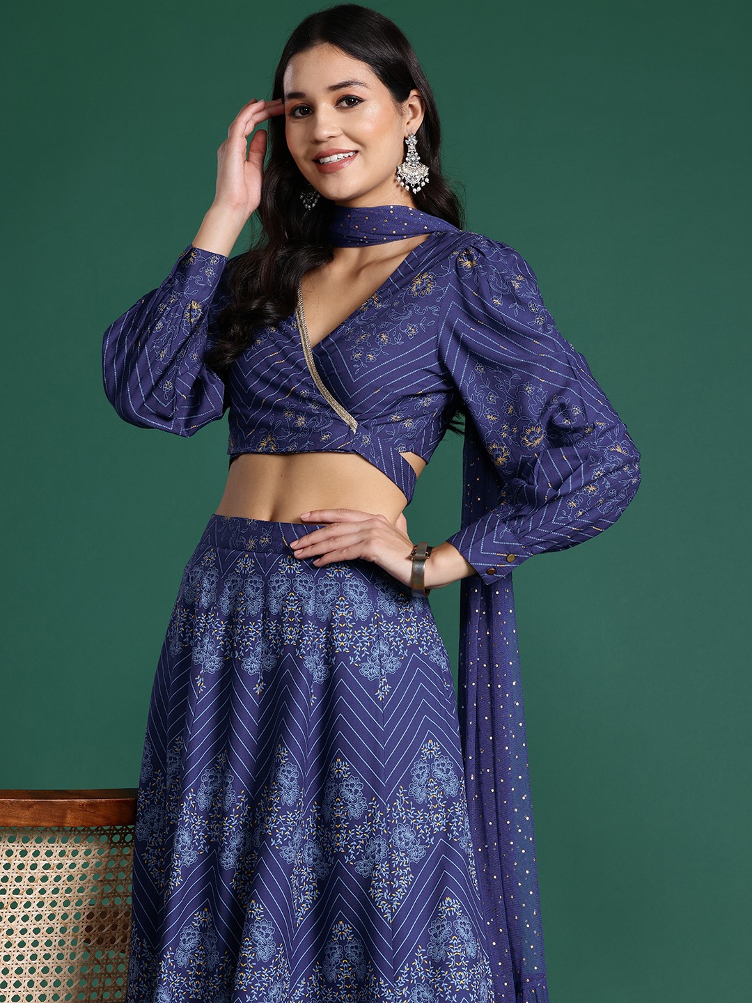 

Sangria Printed Ready to Wear Lehenga & Blouse With Dupatta, Blue