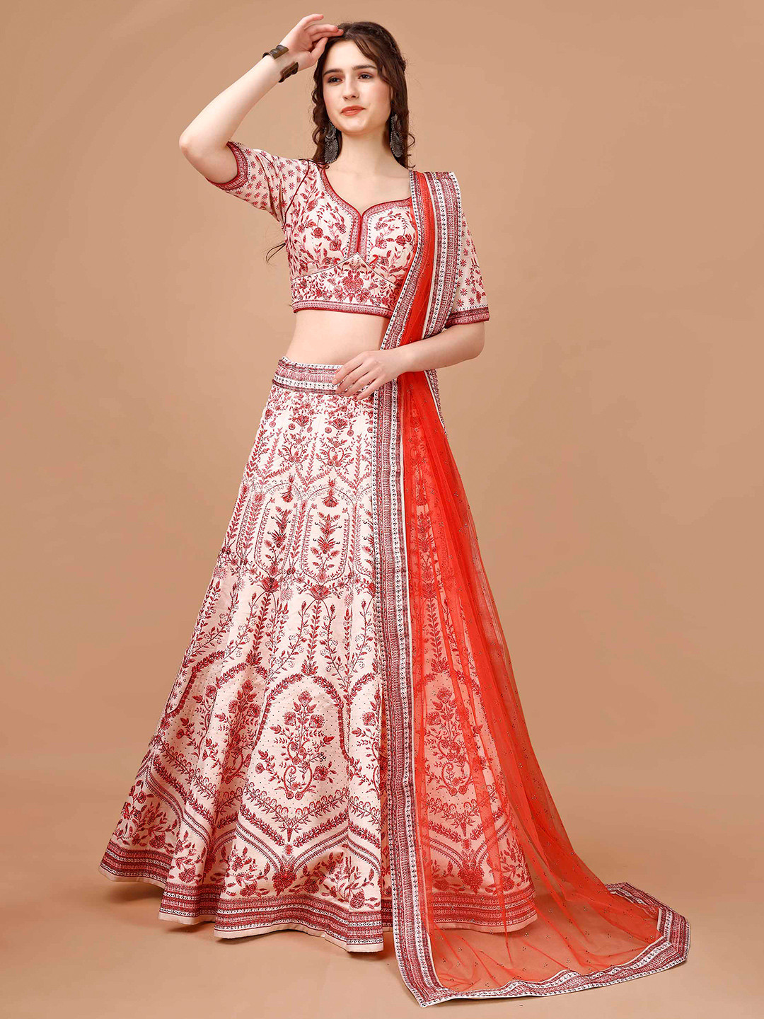 

SAPTRANGI Printed Ready to Wear Lehenga & Blouse With Dupatta, White