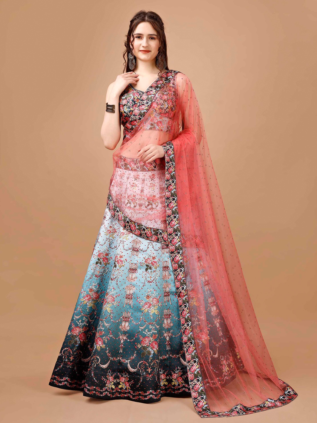 

SAPTRANGI Printed Ready to Wear Lehenga & Blouse With Dupatta, Peach