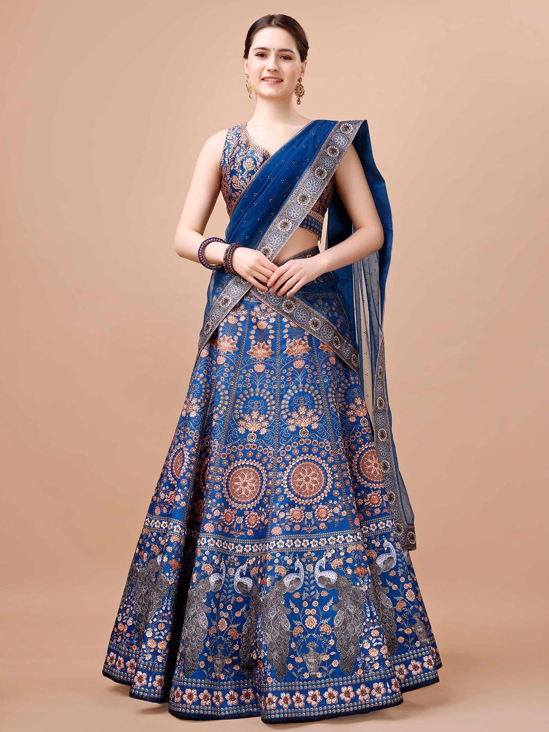 

SAPTRANGI Printed Ready to Wear Lehenga & Blouse With Dupatta, Blue