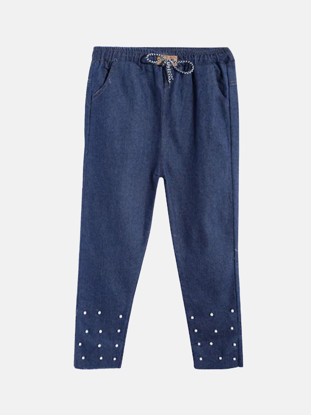 

MANZON Girls Straight Fit Mid Rise Embellished Clean Look Cotton Jeans, Navy blue