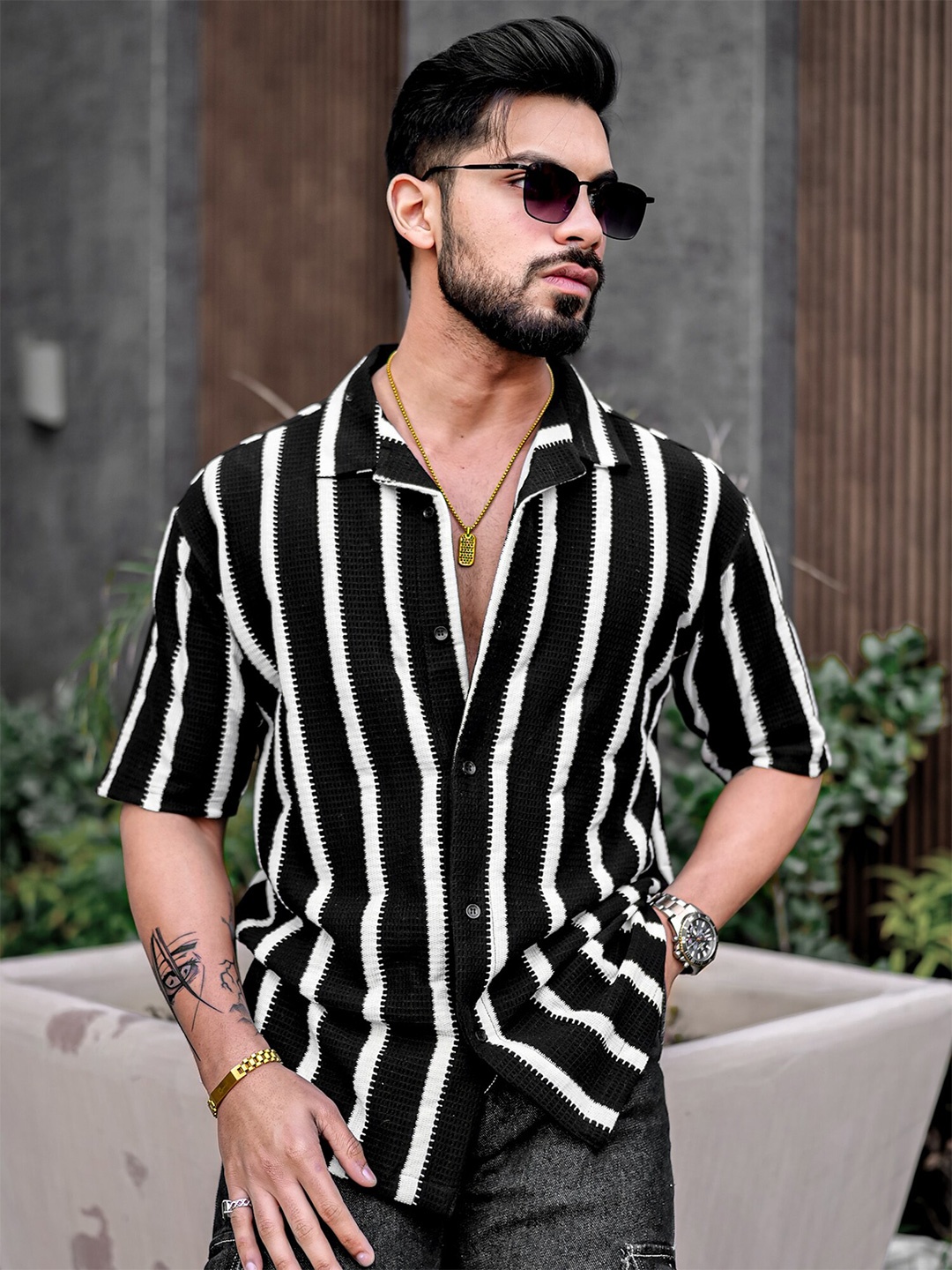 

Maniac Comfort Striped Cuban Collar Oversized Casual Shirt, Black