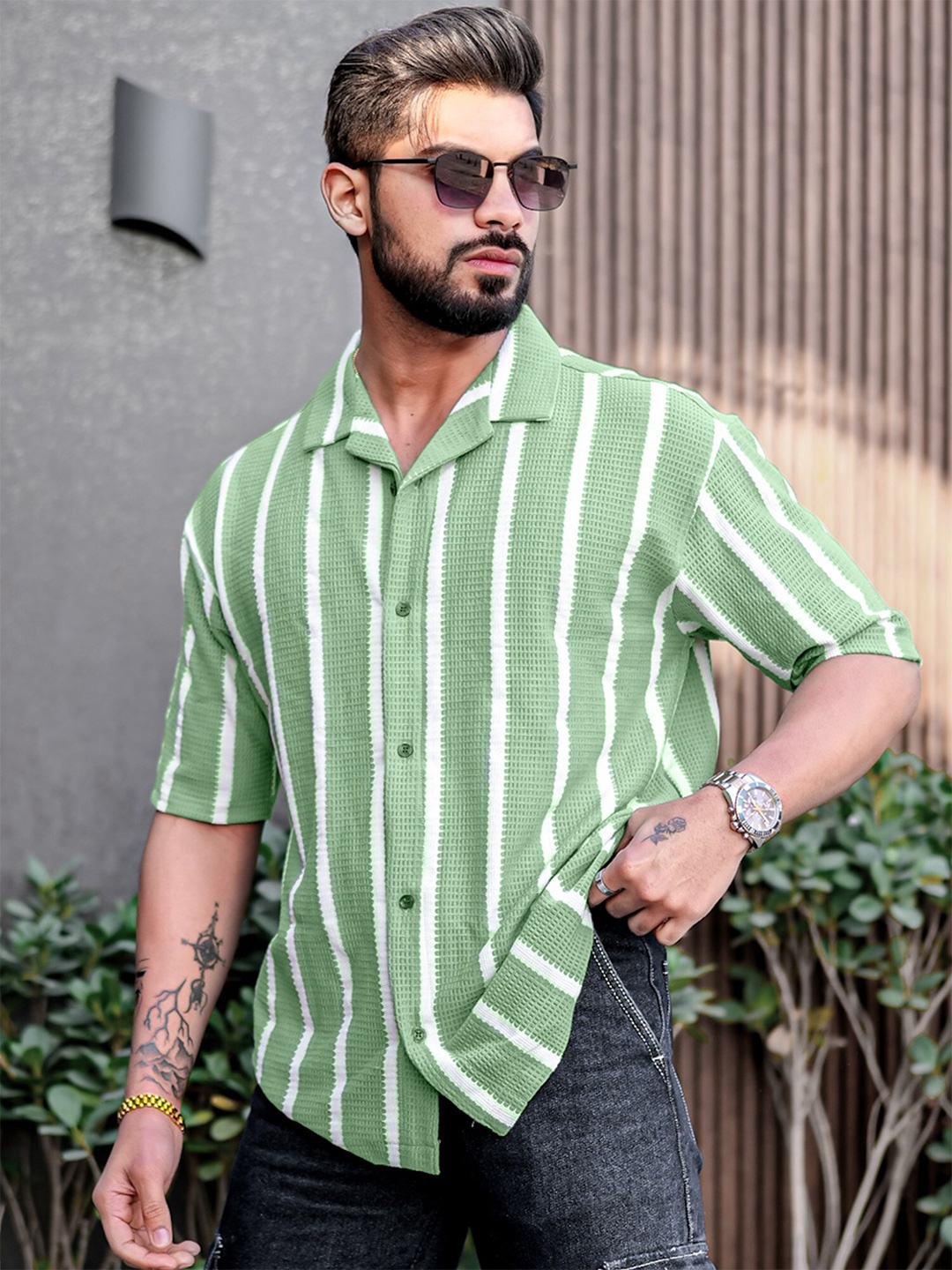 

Maniac Comfort Self Design Cuban Collar Oversized Casual Shirt, Green