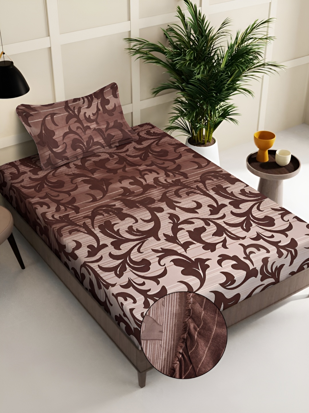 

KLOTTHE Brown Floral Printed 300TC Fitted Single Bedsheet With 1 Pillow Cover